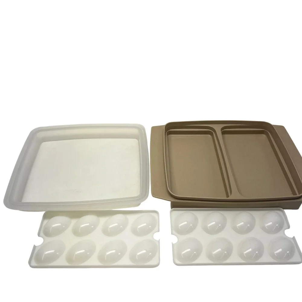 VTG Tupperware Divided Tray Container Lid Egg Holders Tan USA 723 722 665